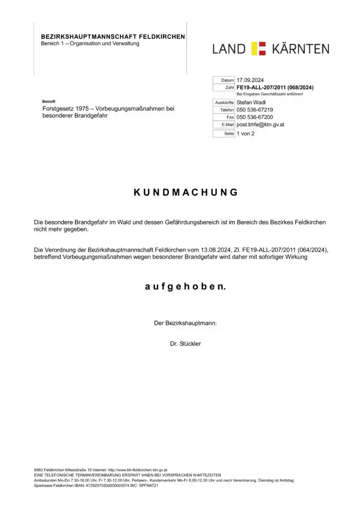 Vorbeugungsmaßnahmen wegen besonderer Brandgefahr aufgehoben