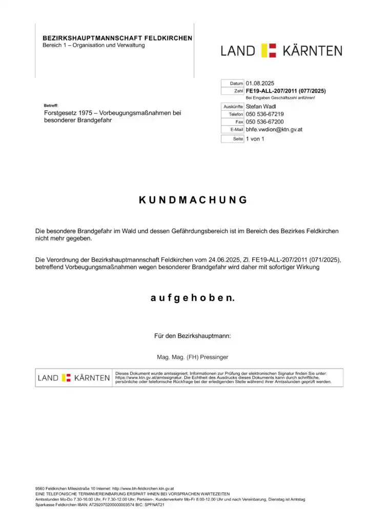 Aufhebung Verordnung Brandgefahr